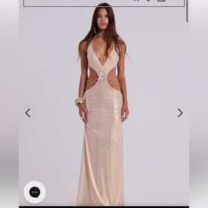 Jaded London REVOLVE Gold Cream Cut-Out Beaded Rosette Maxi Plunge Vida Dress S